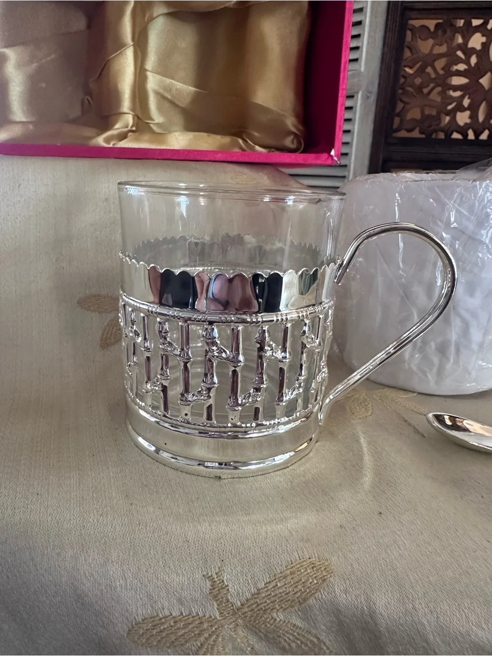 Ekaani Bamboo Metal & Glass Tea / Coffee Cup / Demitasse Set w/ Spoons. New.